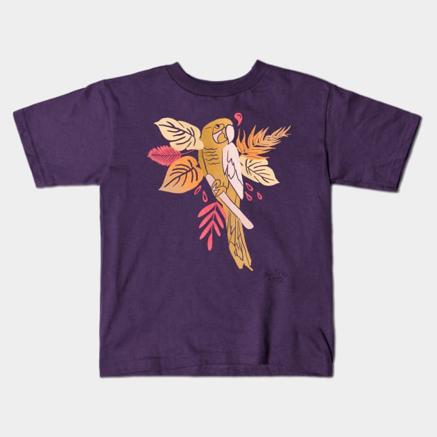 Tropical pink and peachy parrot Kids T-Shirt by MutchiDesign